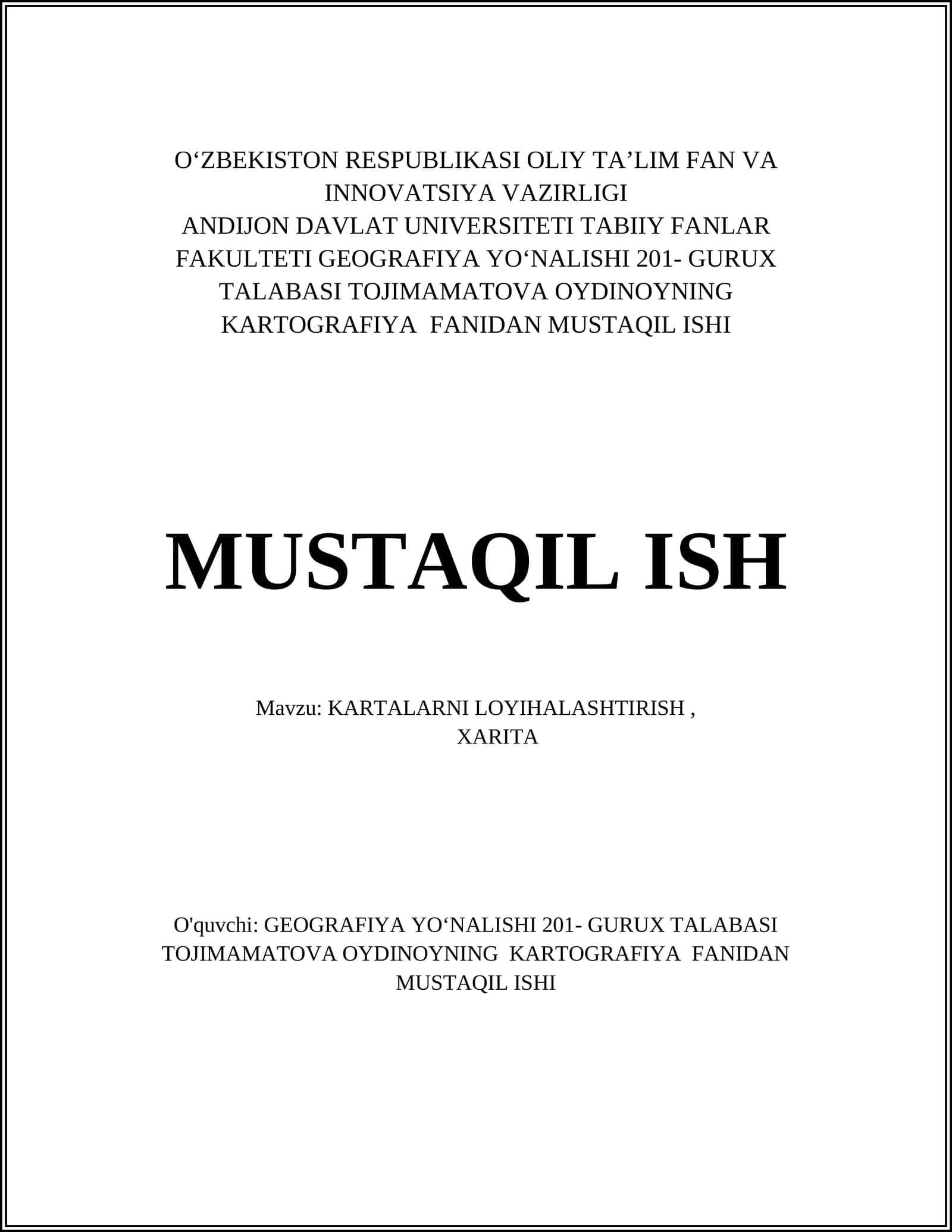 KARTALARNI LOYIHALASHTIRISH