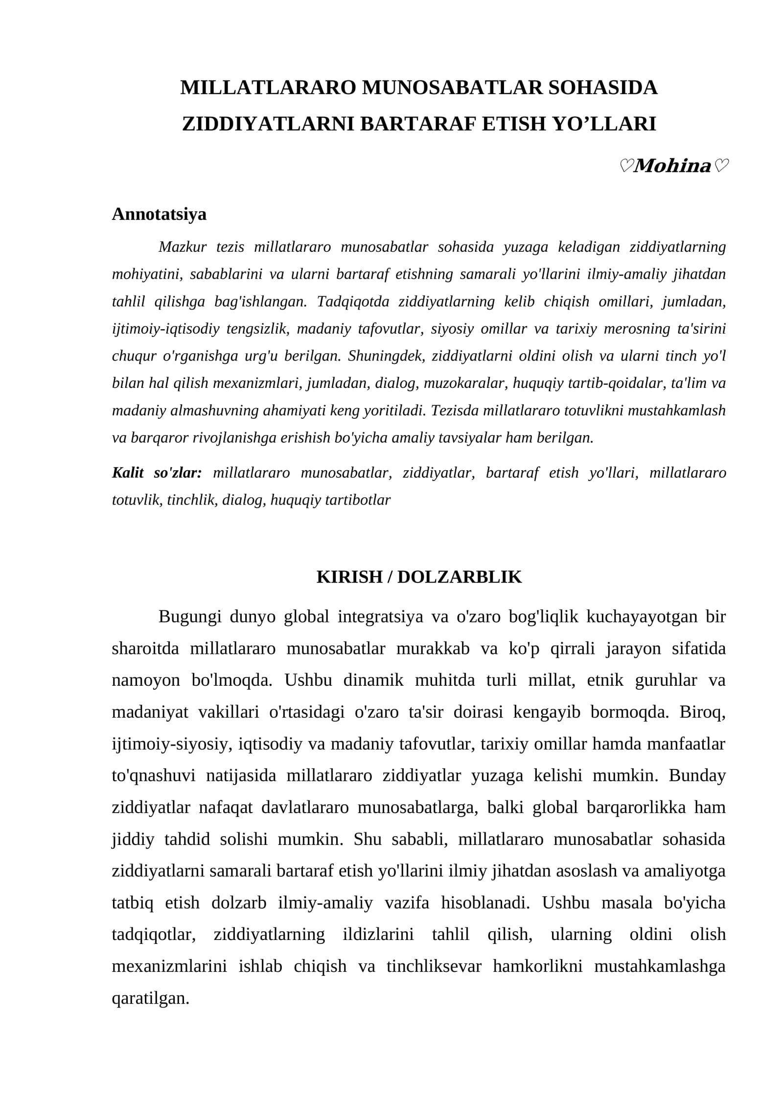 MILLATLARARO MUNOSABATLAR SOHASIDA ZIDDIYATLARNI BARTARAF ETISH YOʼLLARI