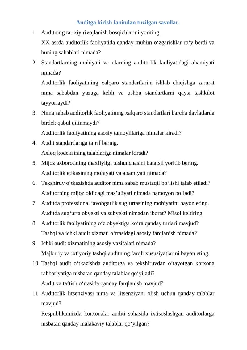 Auditga kirish fanindan tuzilgan savollar