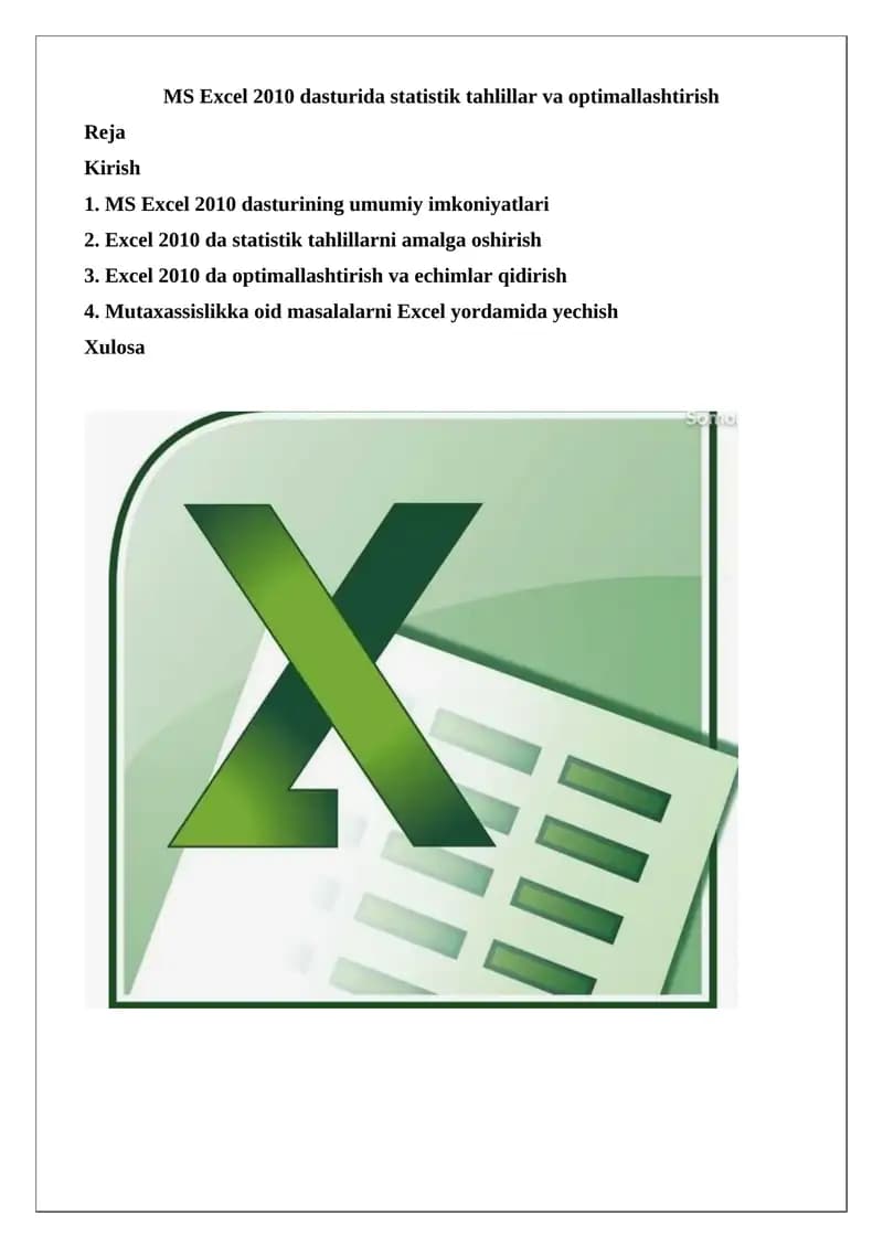 Microsoft Excel 2010 dasturida statistik tahlillar va optimallashtirish