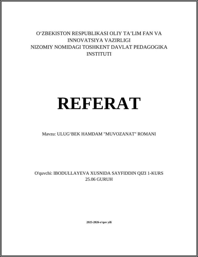 ULUGʻBEK HAMDAM "MUVOZANAT" ROMANI