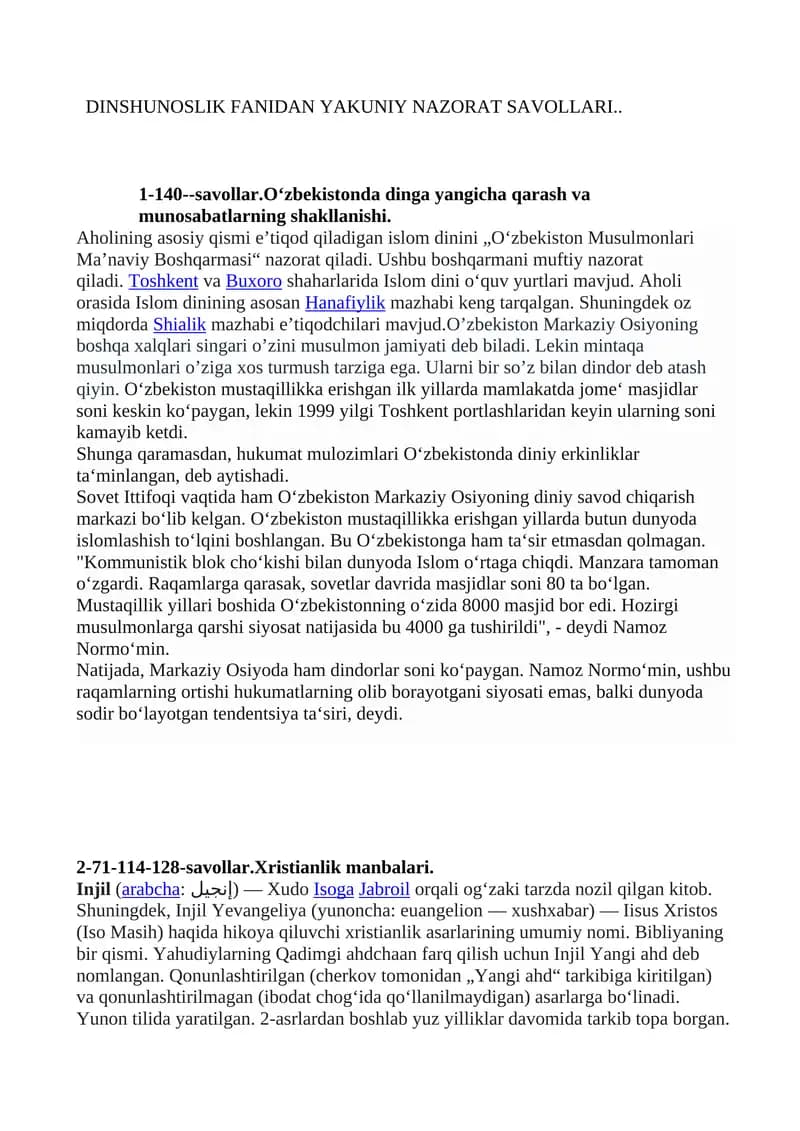 DINSHUNOSLIK FANIDAN YAKUNIY NAZORAT SAVOLLARI
