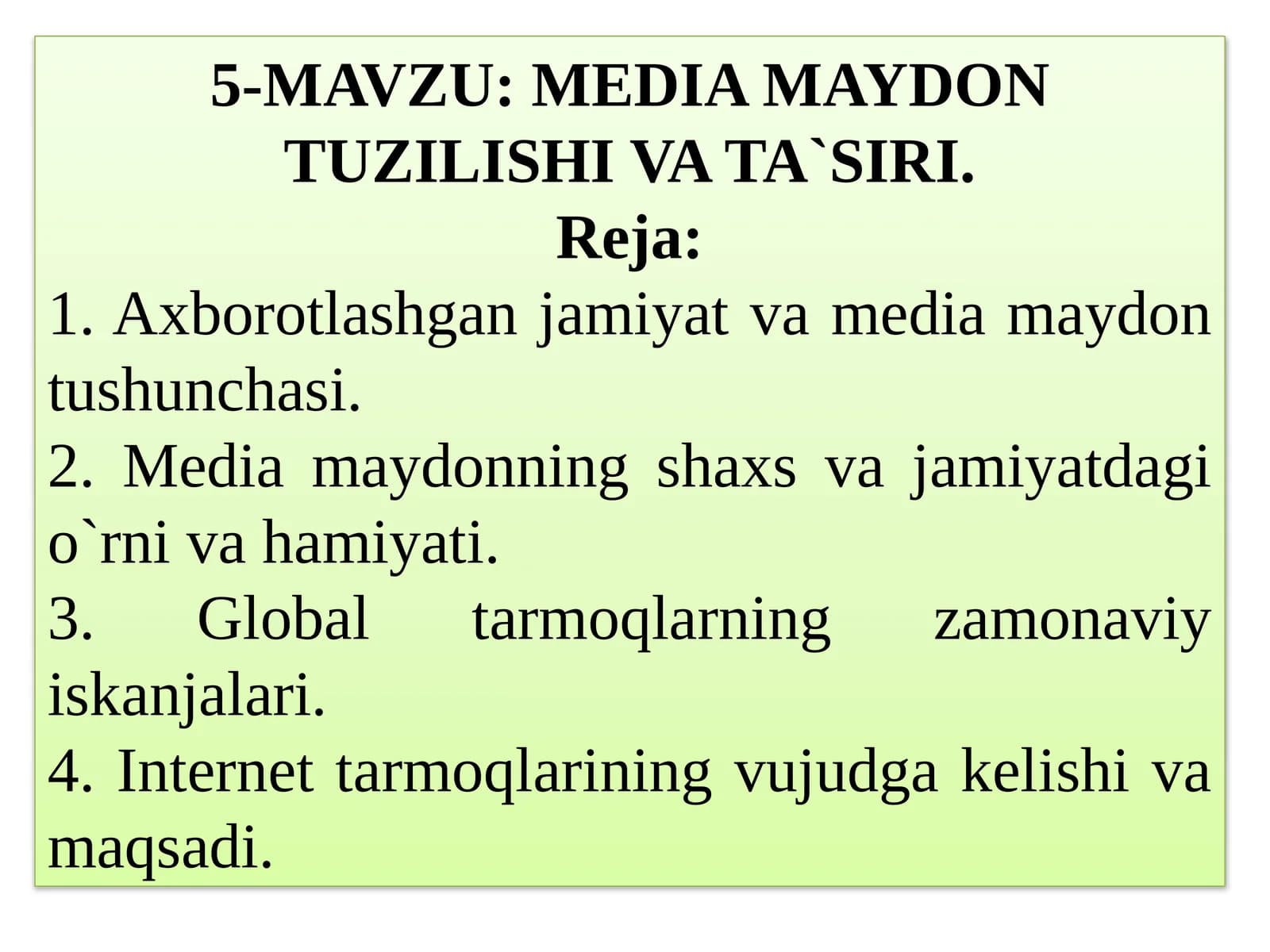 MEDIA MAYDON TUZILISHI VA TA`SIRI