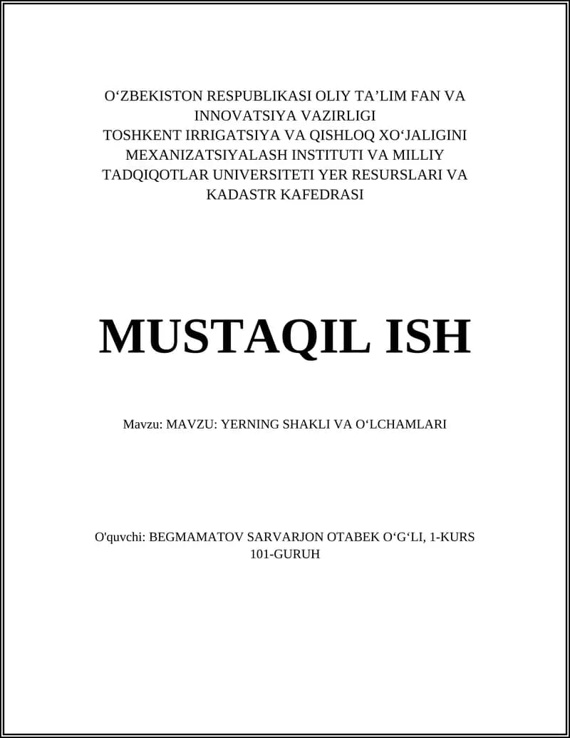 YERNING SHAKLI VA OʻLCHAMLARI