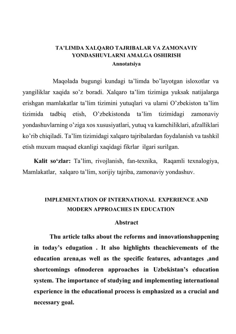 TA’LIMDA XALQARO TAJRIBALAR VA ZAMONAVIY YONDASHUVLARNI AMALGA OSHIRISH