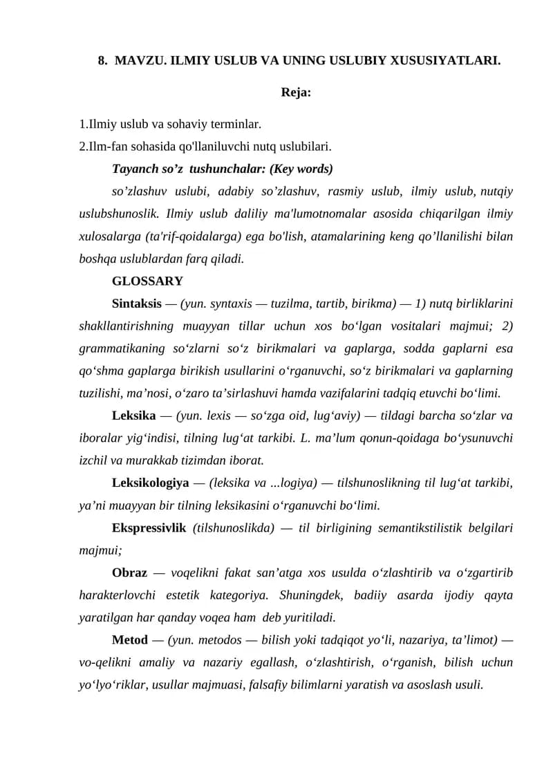 ILMIY USLUB VA UNING USLUBIY XUSUSIYATLARI