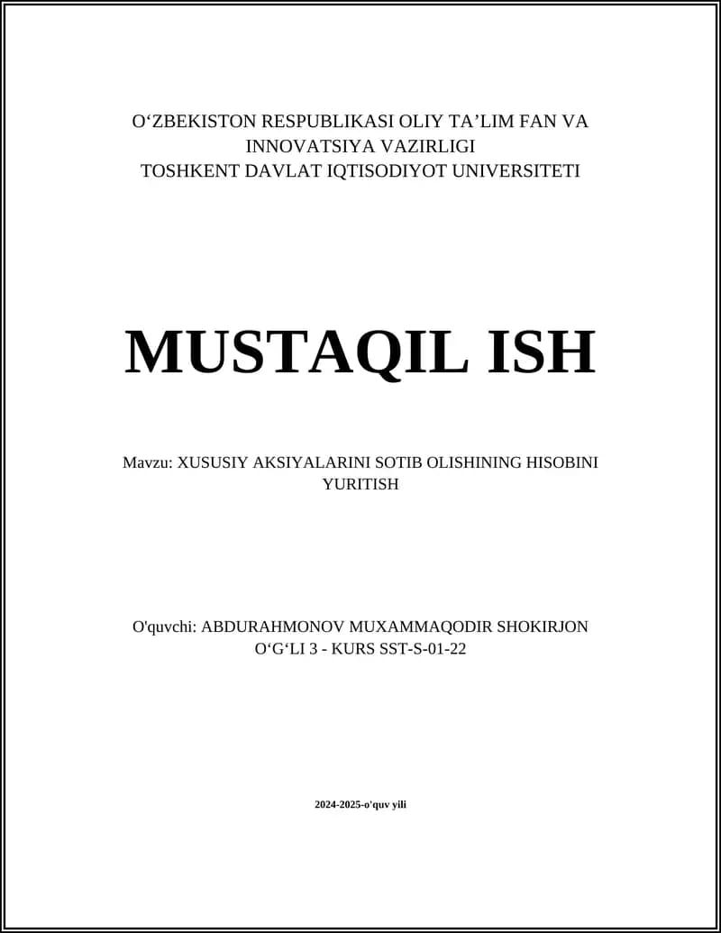 Xususiy aksiyalar hisobini yuritish