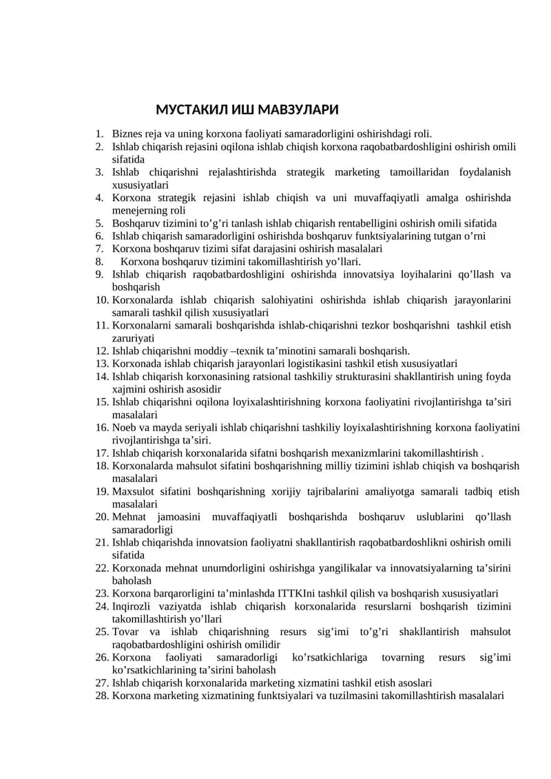 МУСТАКИЛ ИШ МАВЗУЛАРИ