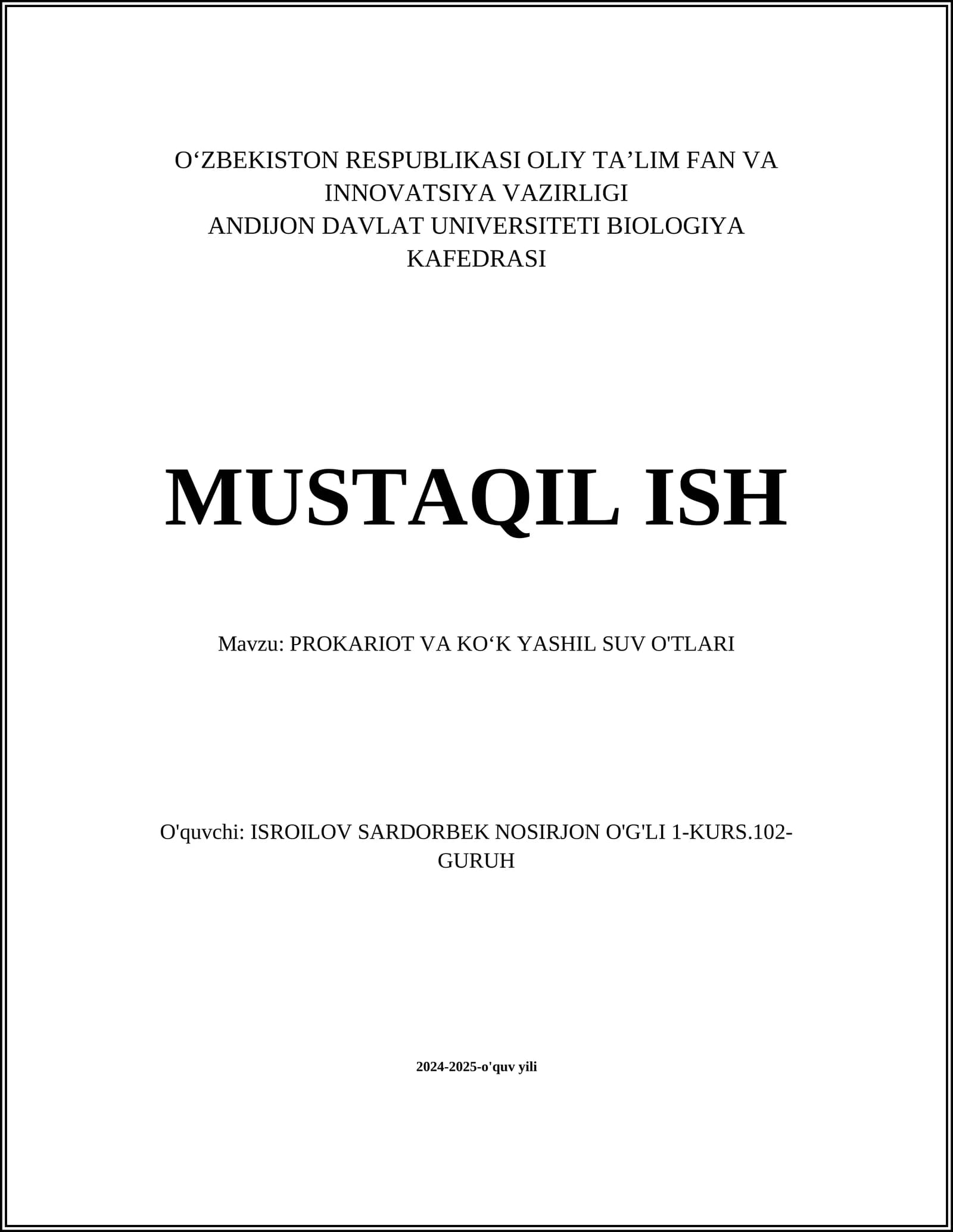 PROKARIOT VA KOʻK YASHIL SUV O'TLARI
