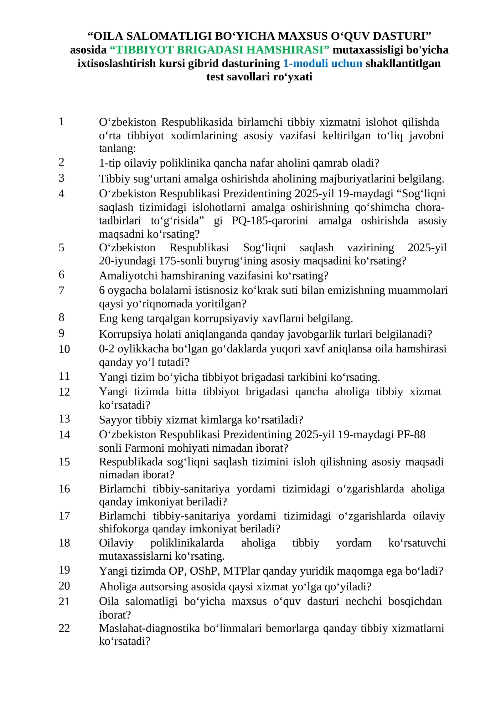 OILA SALOMATLIGI BOʻYICHA MAXSUS OʻQUV DASTURI