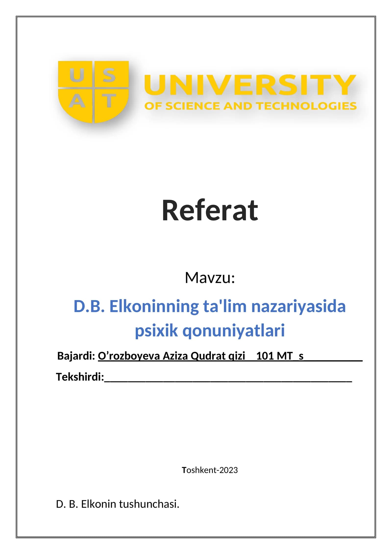 D.B. Elkoninning ta'lim nazariyasida psixik qonuniyatlari