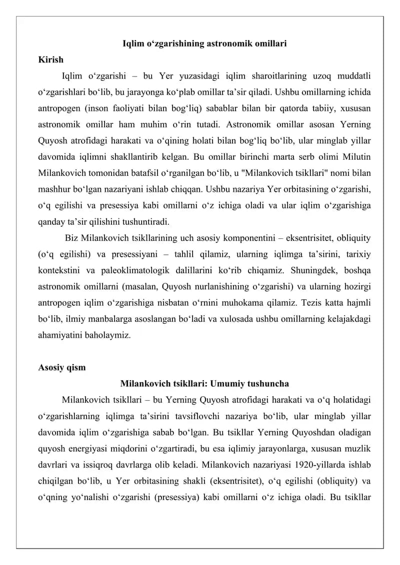 Iqlim o‘zgarishining astronomik omillari tezis