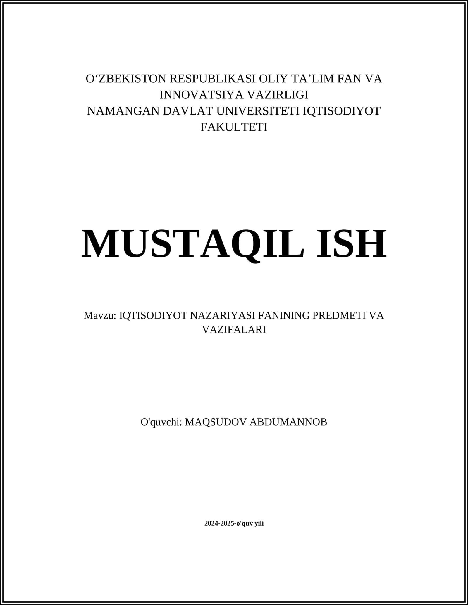 IQTISODIYOT NAZARIYASI FANINING PREDMETI VA VAZIFALARI