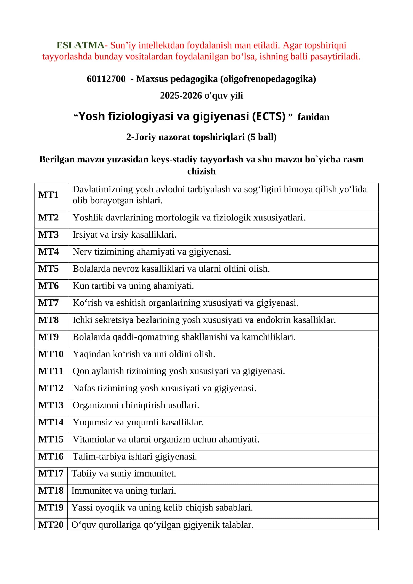 Yosh fiziologiyasi va gigiyenasi (ECTS)