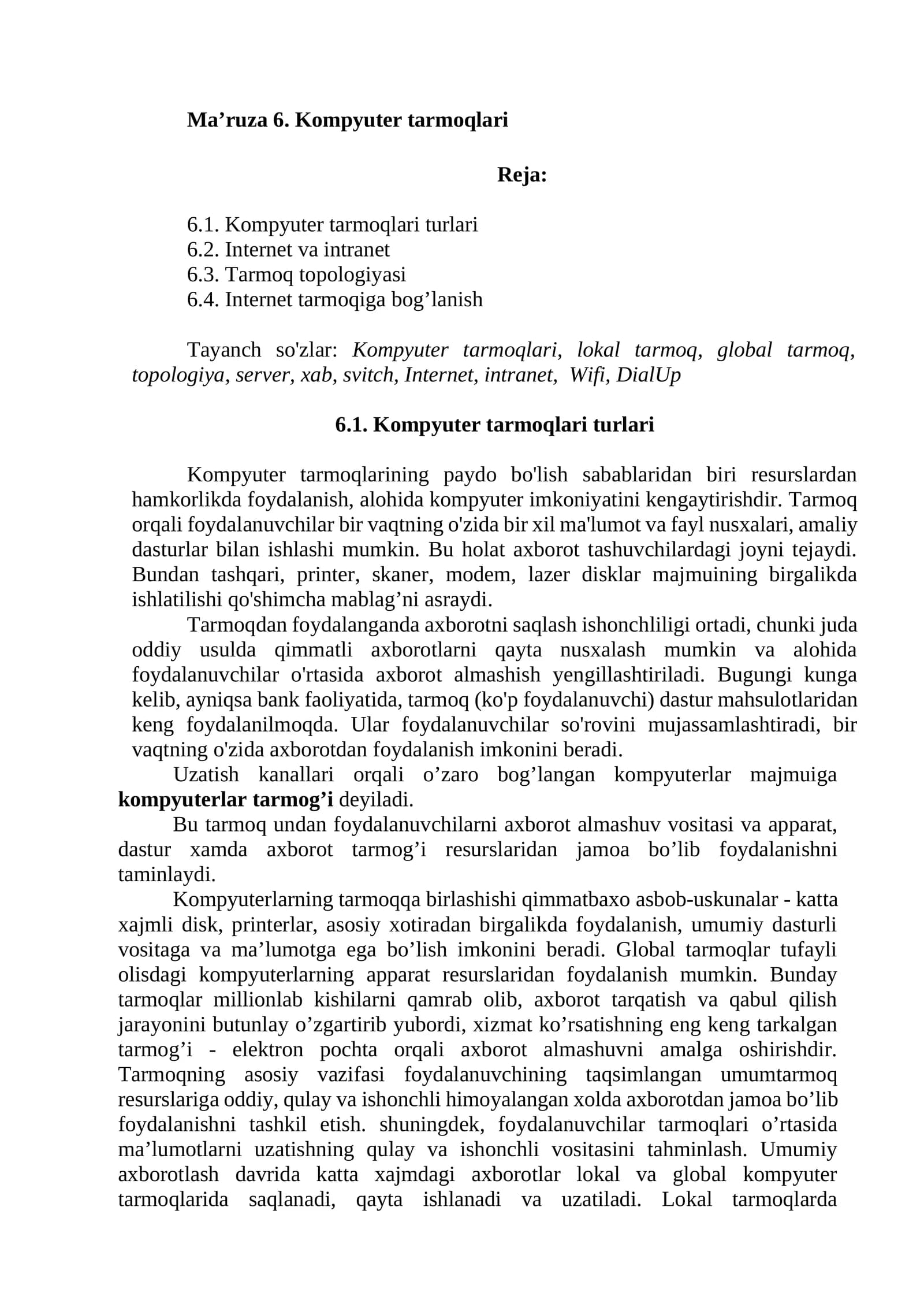 Ma’ruza 6. Kompyuter tarmoqlari