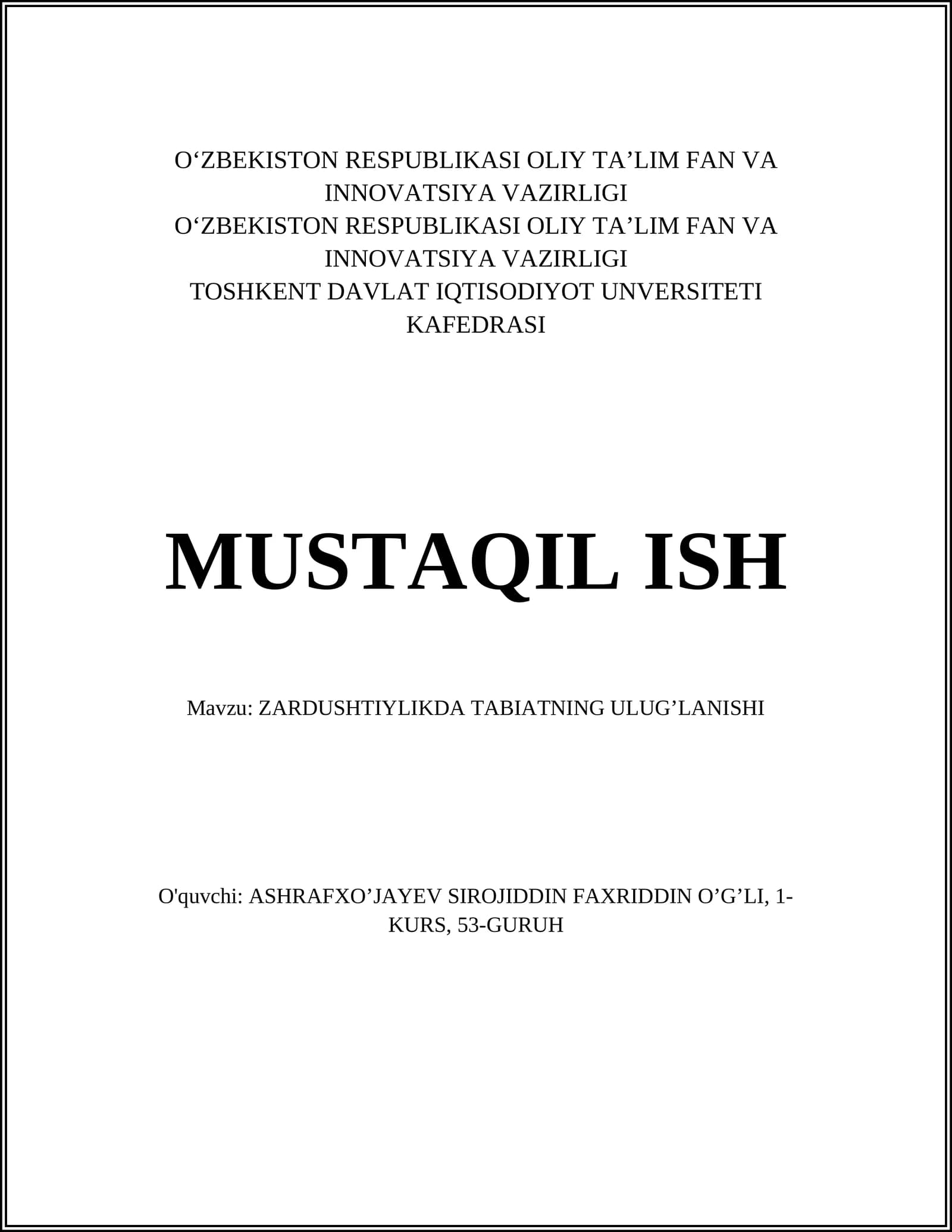 ZARDUSHTIYLIKDA TABIATNING ULUG’LANISHI