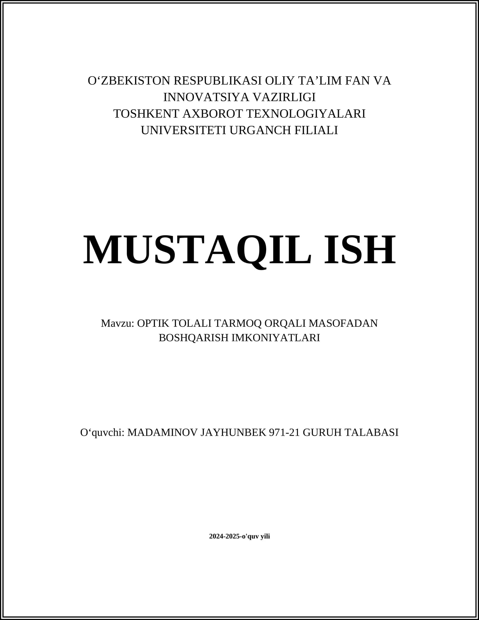 OPTIK TOLALI TARMOQ ORQALI MASOFADAN BOSHQARISH IMKONIYATLARI