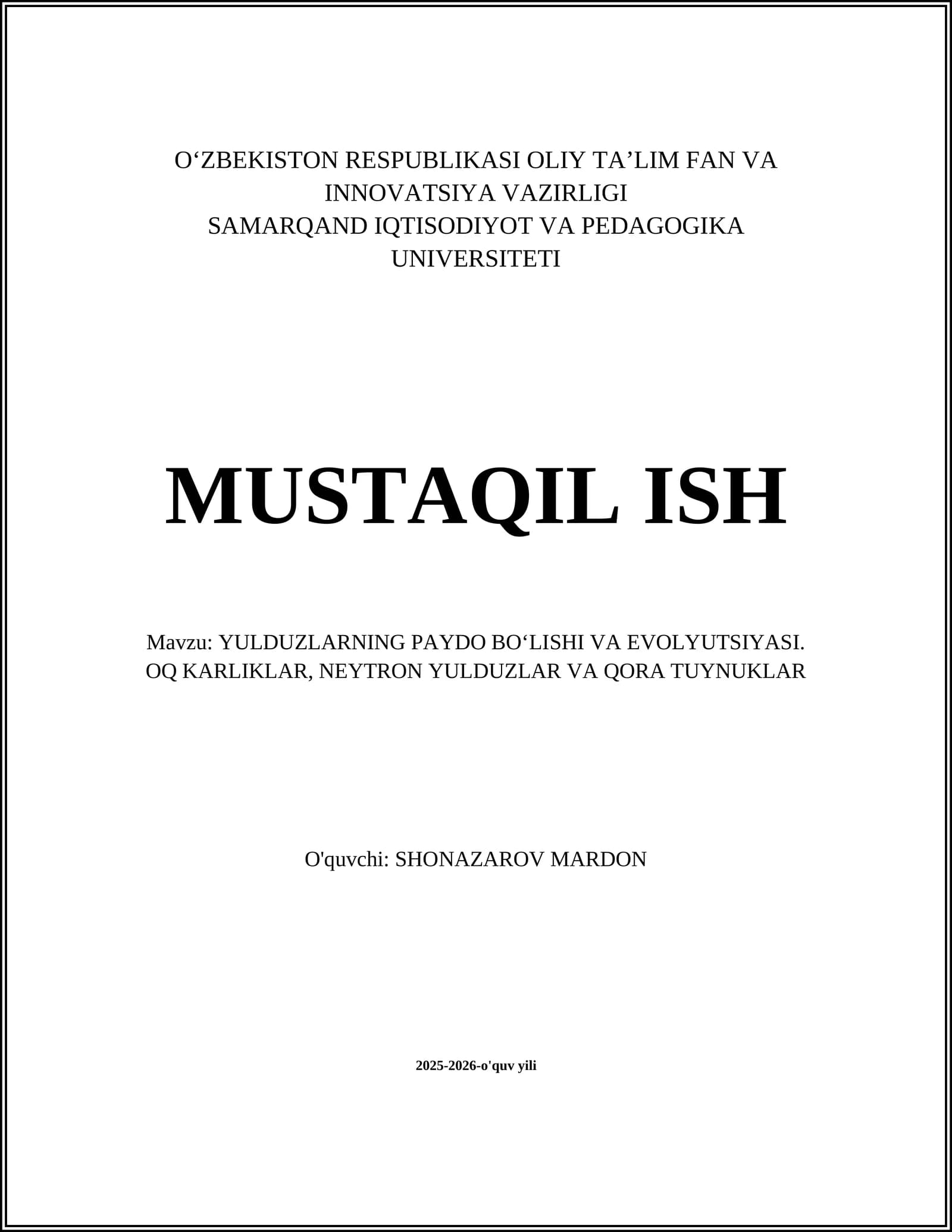 YULDUZLARNING PAYDO BOʻLISHI VA EVOLYUTSIYASI