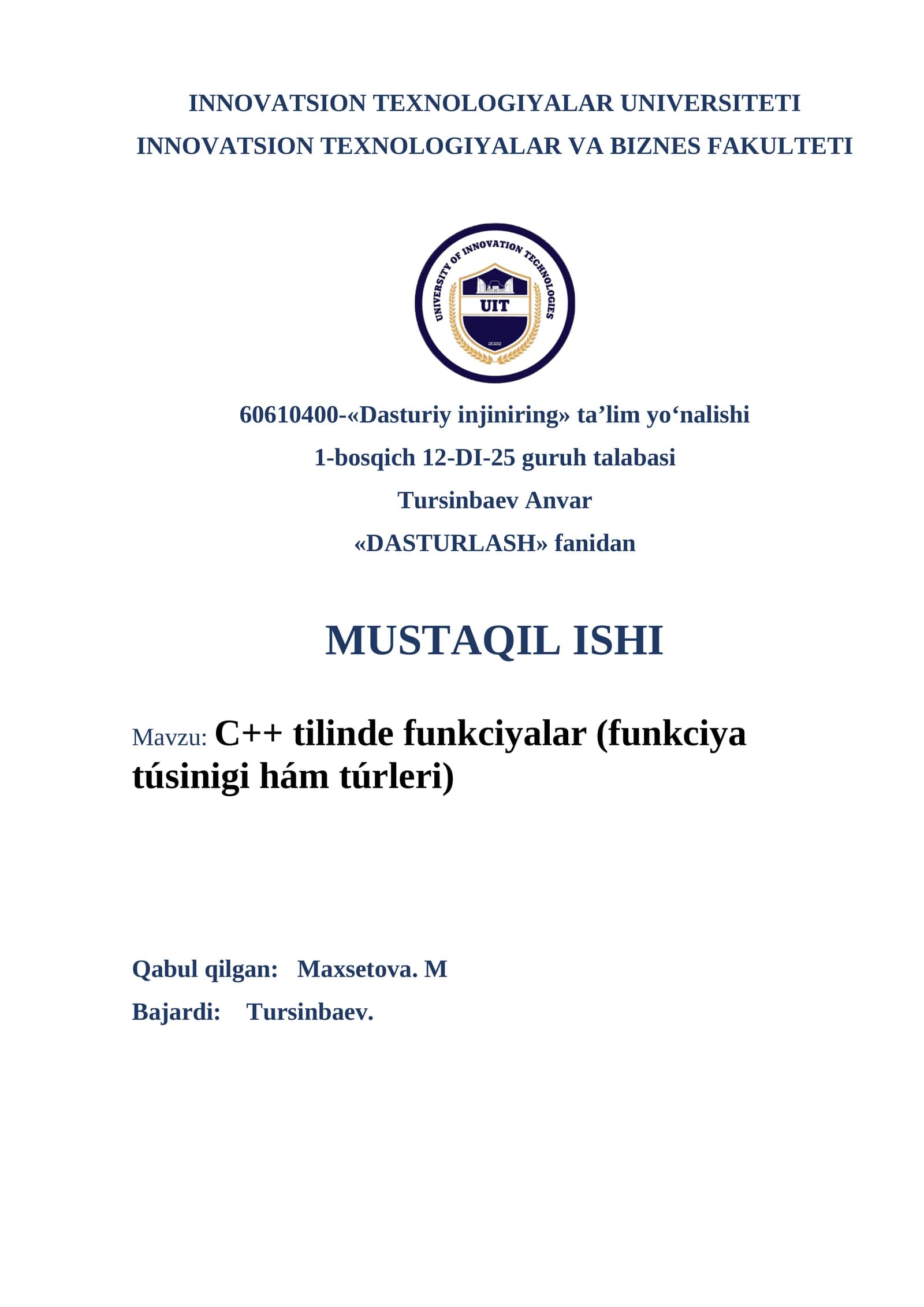 C++ tilinde funkciyalar (funkciya túsinigi hám túrleri)