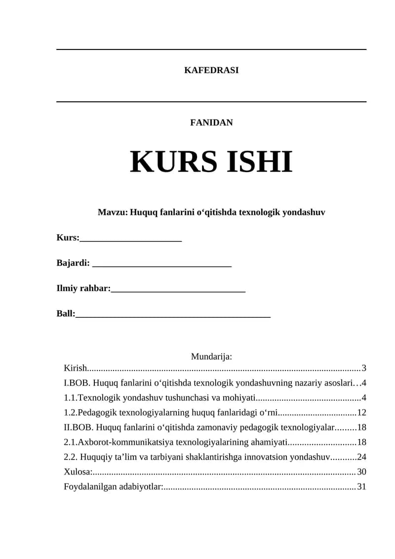 Huquq fanlarini o‘qitishda texnologik yondashuv