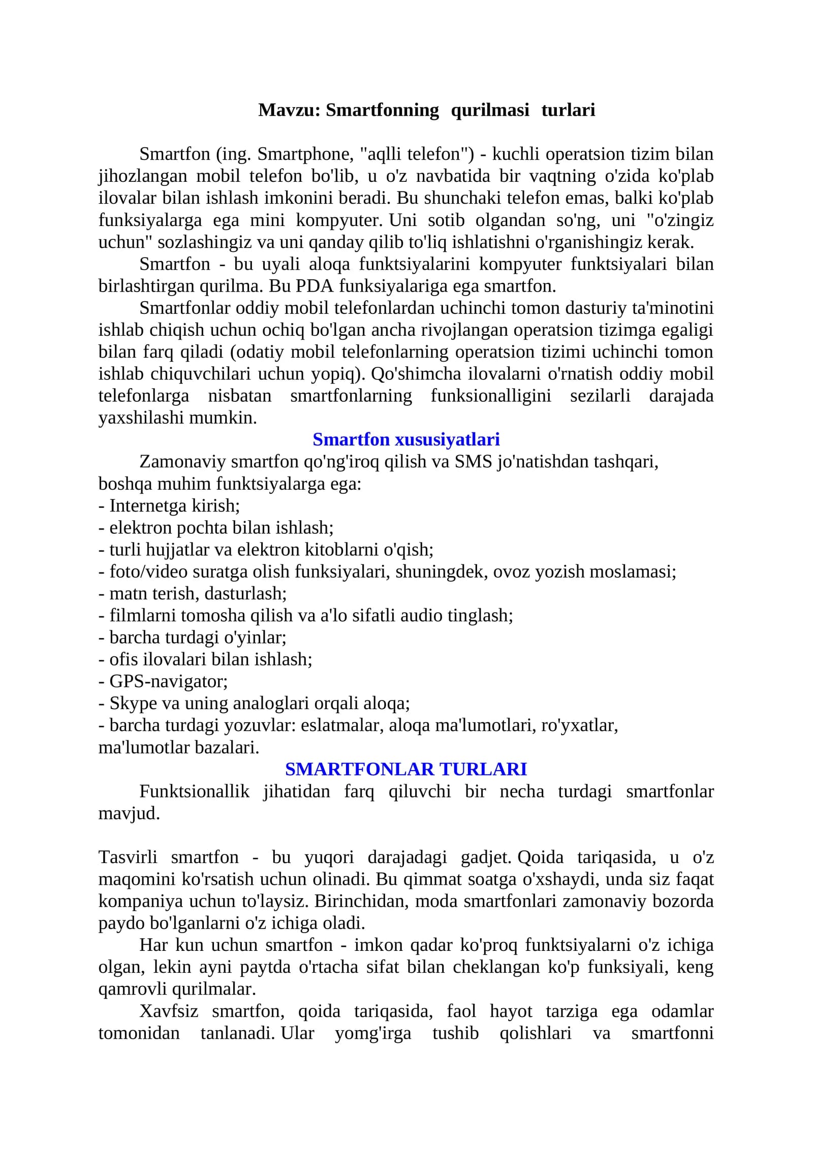 Smartfonning qurilmasi turlari