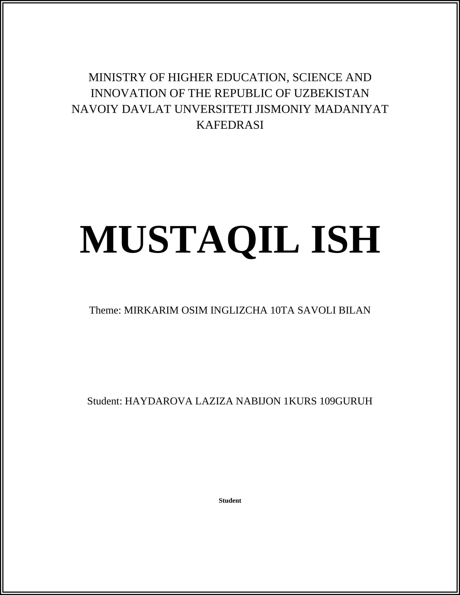 MIRKARIM OSIM INGLIZCHA 10TA SAVOLI BILAN