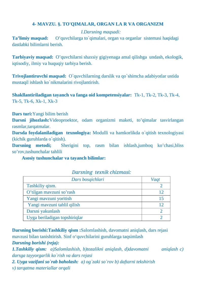 TO'QIMALAR, ORGANLAR VA ORGANIZM