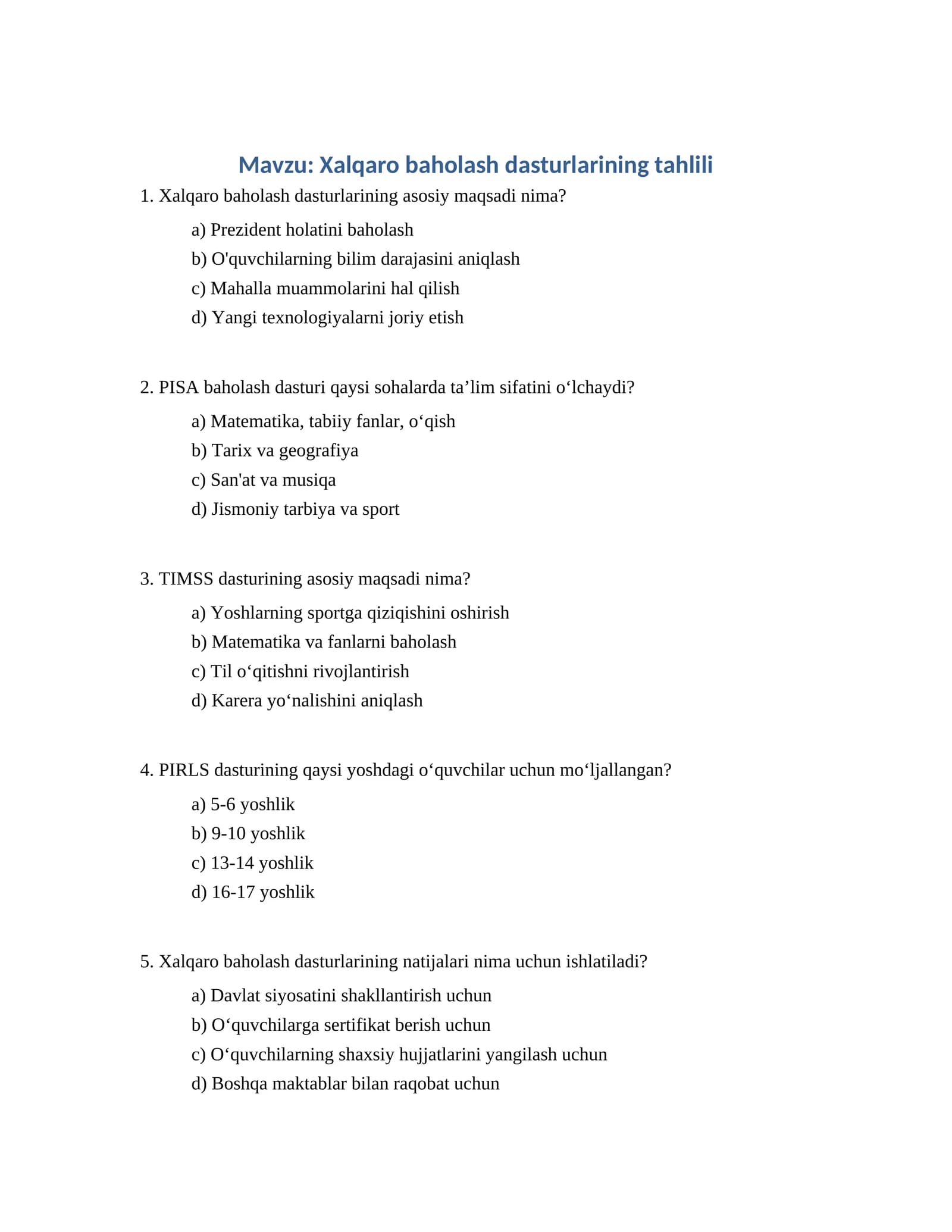Xalqaro baholash dasturlarining tahlili