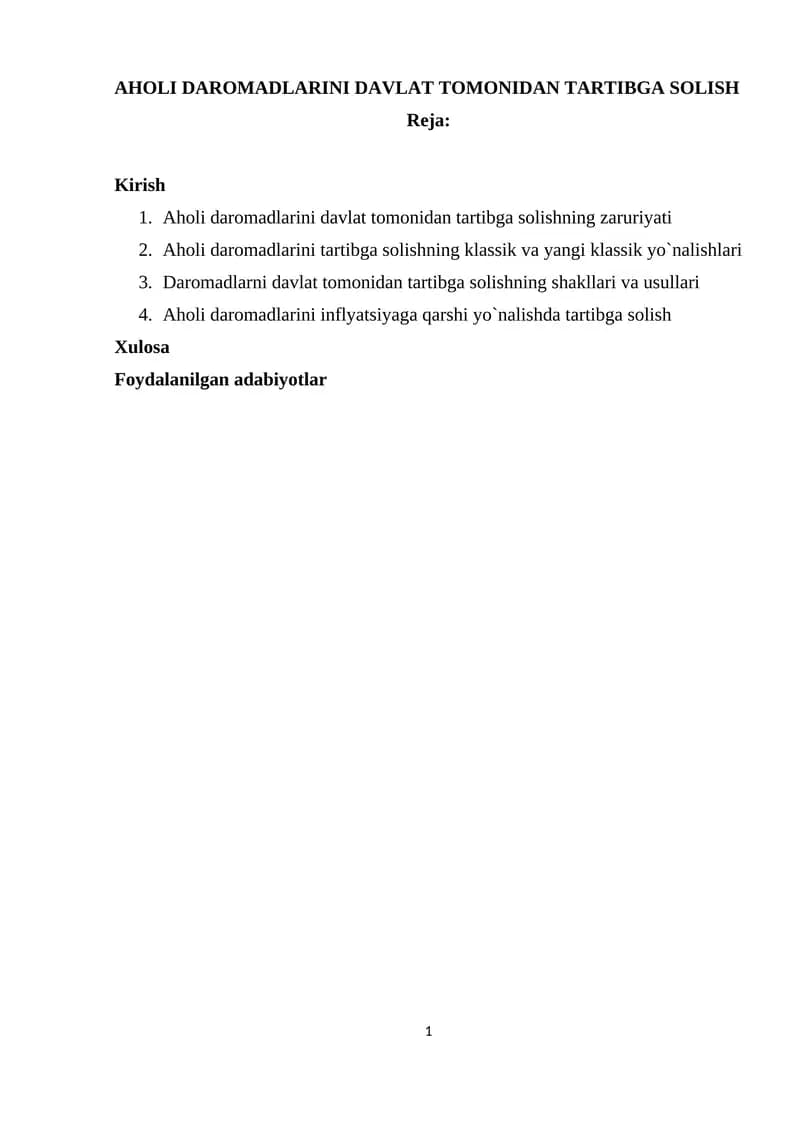 АHОLI DАRОMАDLАRINI DАVLАT TОMОNIDАN TАRTIBGА SОLISH