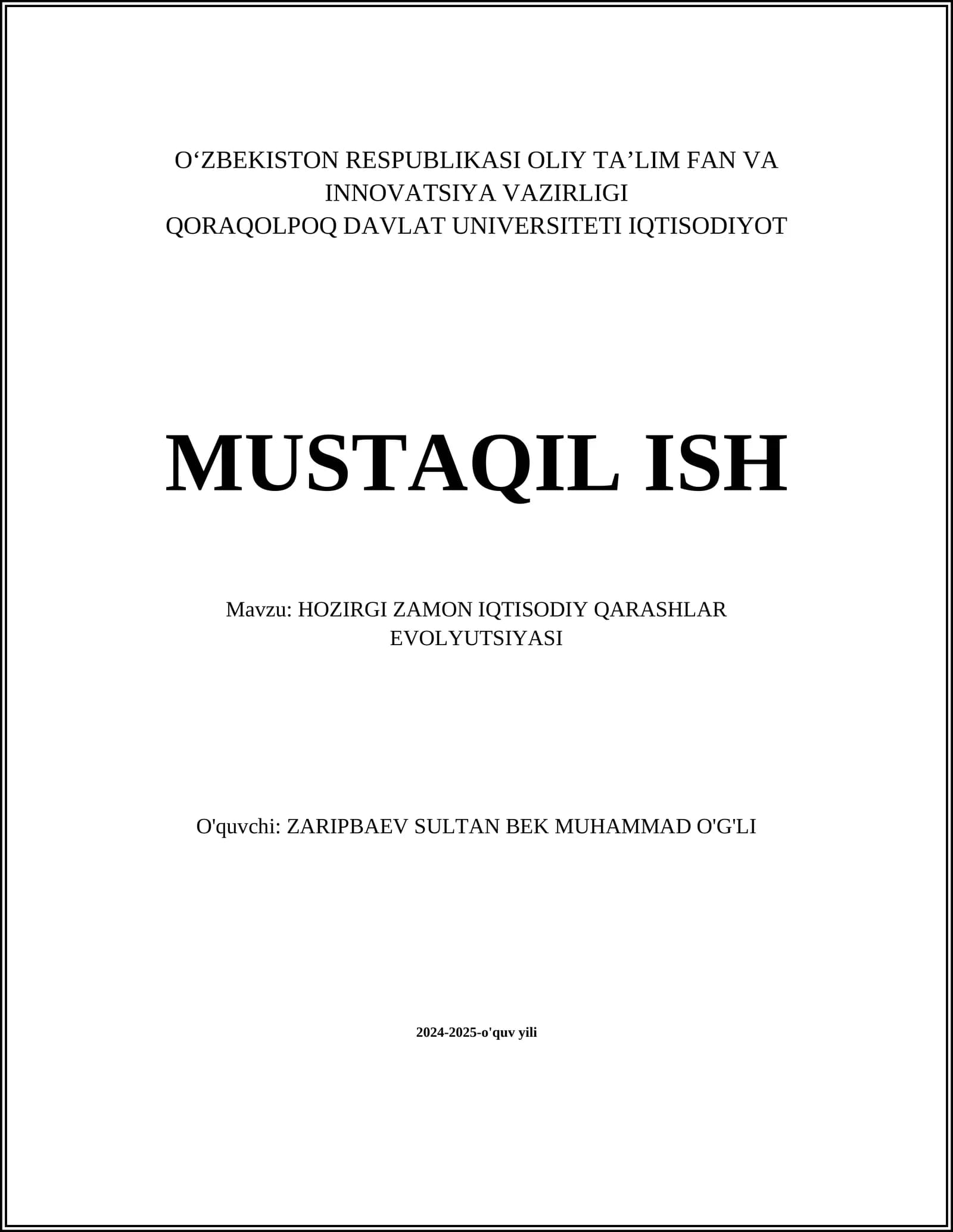 HOZIRGI ZAMON IQTISODIY QARASHLAR EVOLYUTSIYASI
