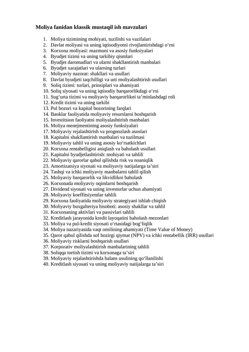 Moliya fanidan klassik mustaqil ish mavzulari