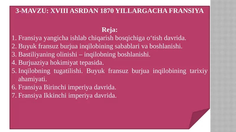 XVIII ASRDAN 1870 YILLARGACHA FRANSIYA