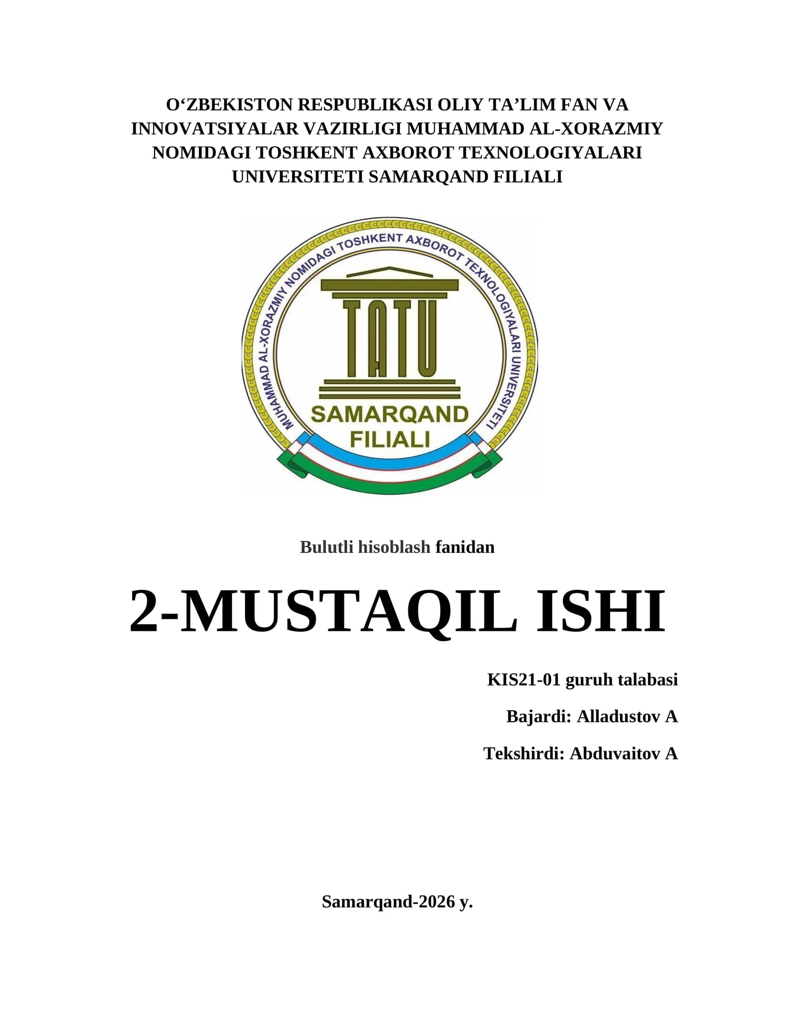 Bulutli hisoblash fanidan 2-MUSTAQIL ISHI