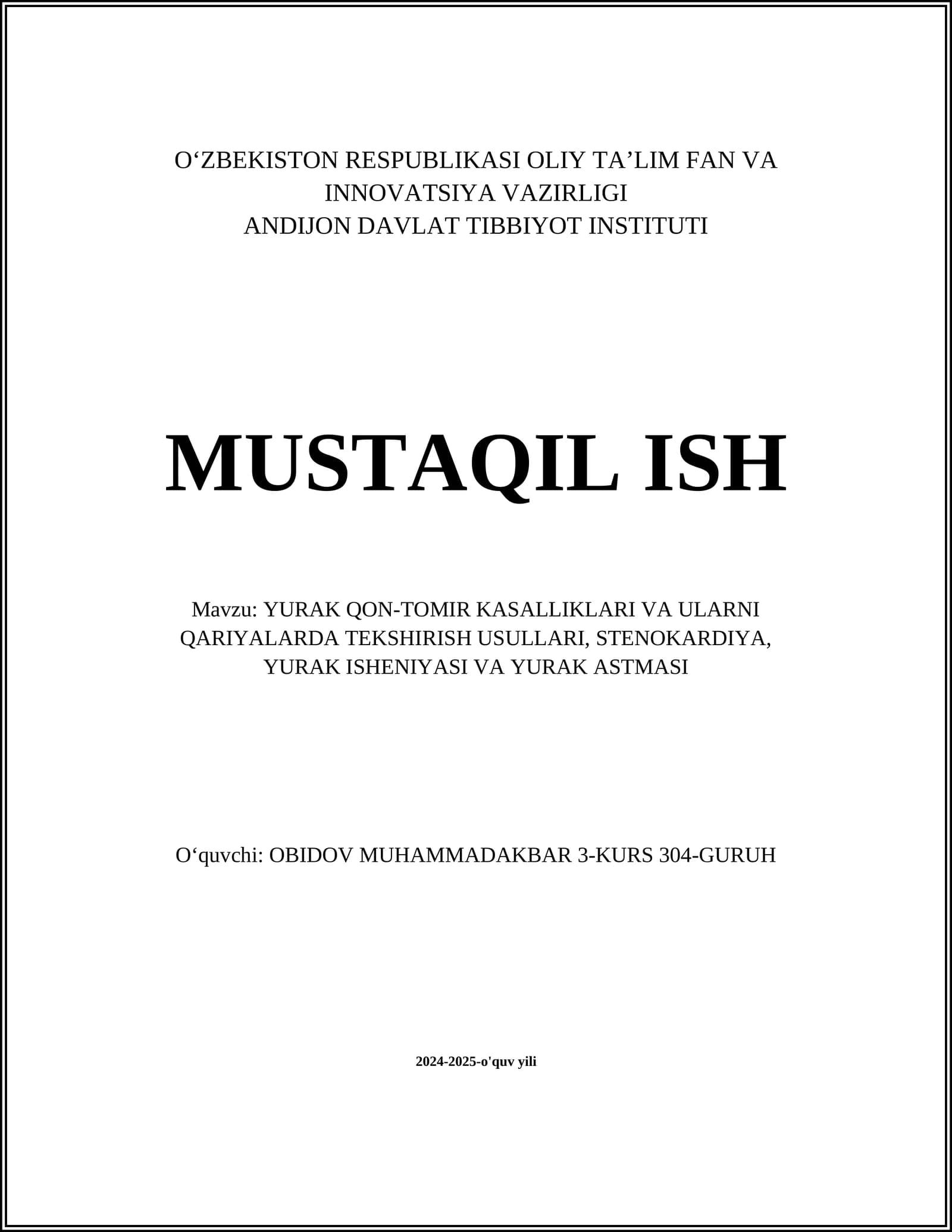 YURAK QON-TOMIR KASALLIKLARI VA ULARNI QARIYALARDA TEKSHIRISH