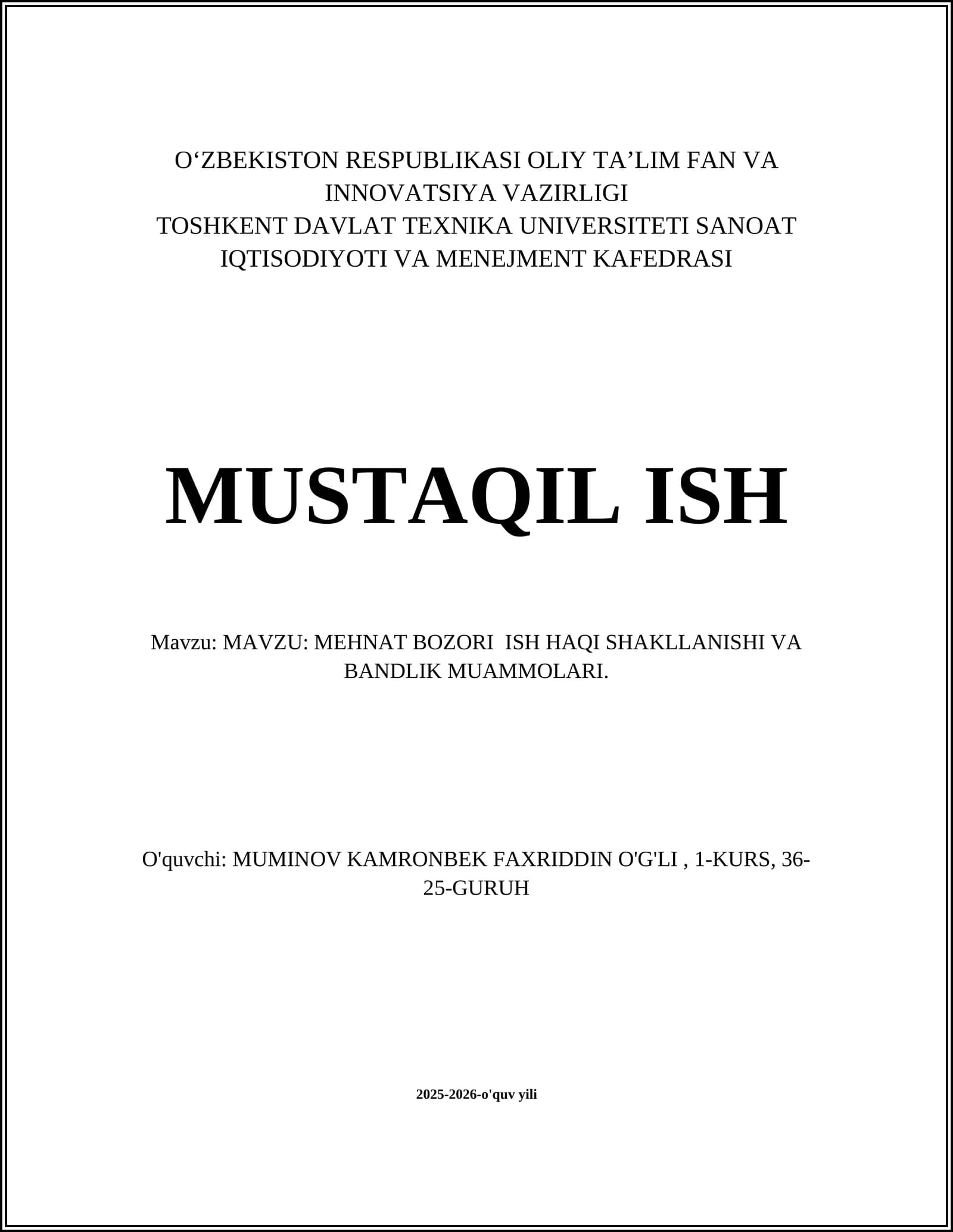 MEHNAT BOZORI ISH HAQI SHAKLLANISHI VA BANDLIK MUAMMOLARI