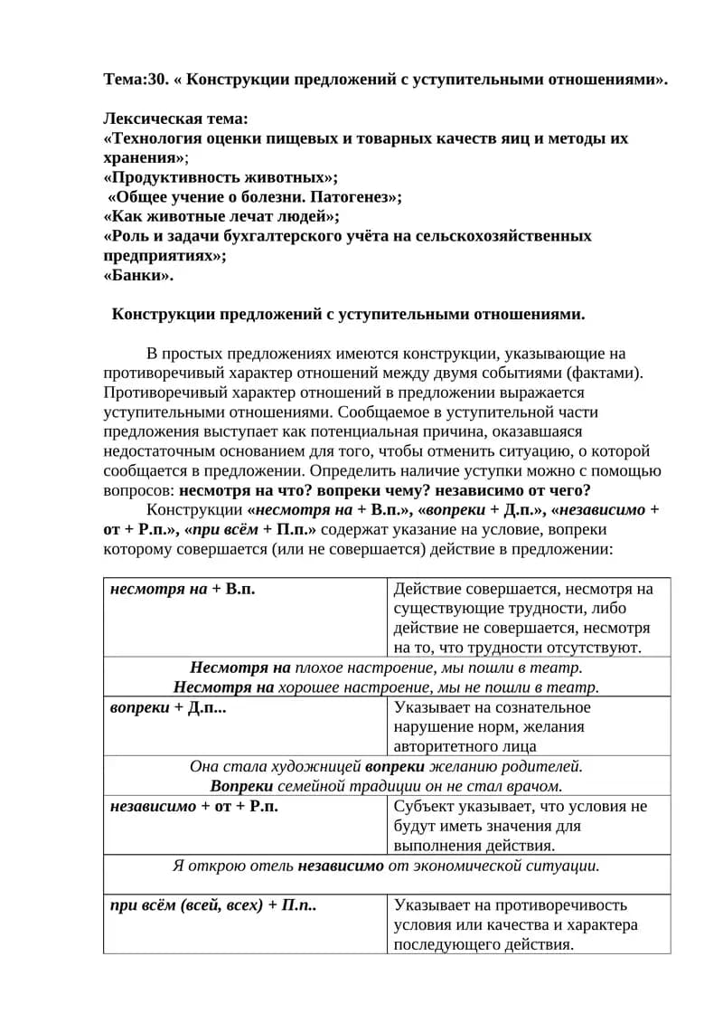 Конструкции предложений с уступительными отношениями