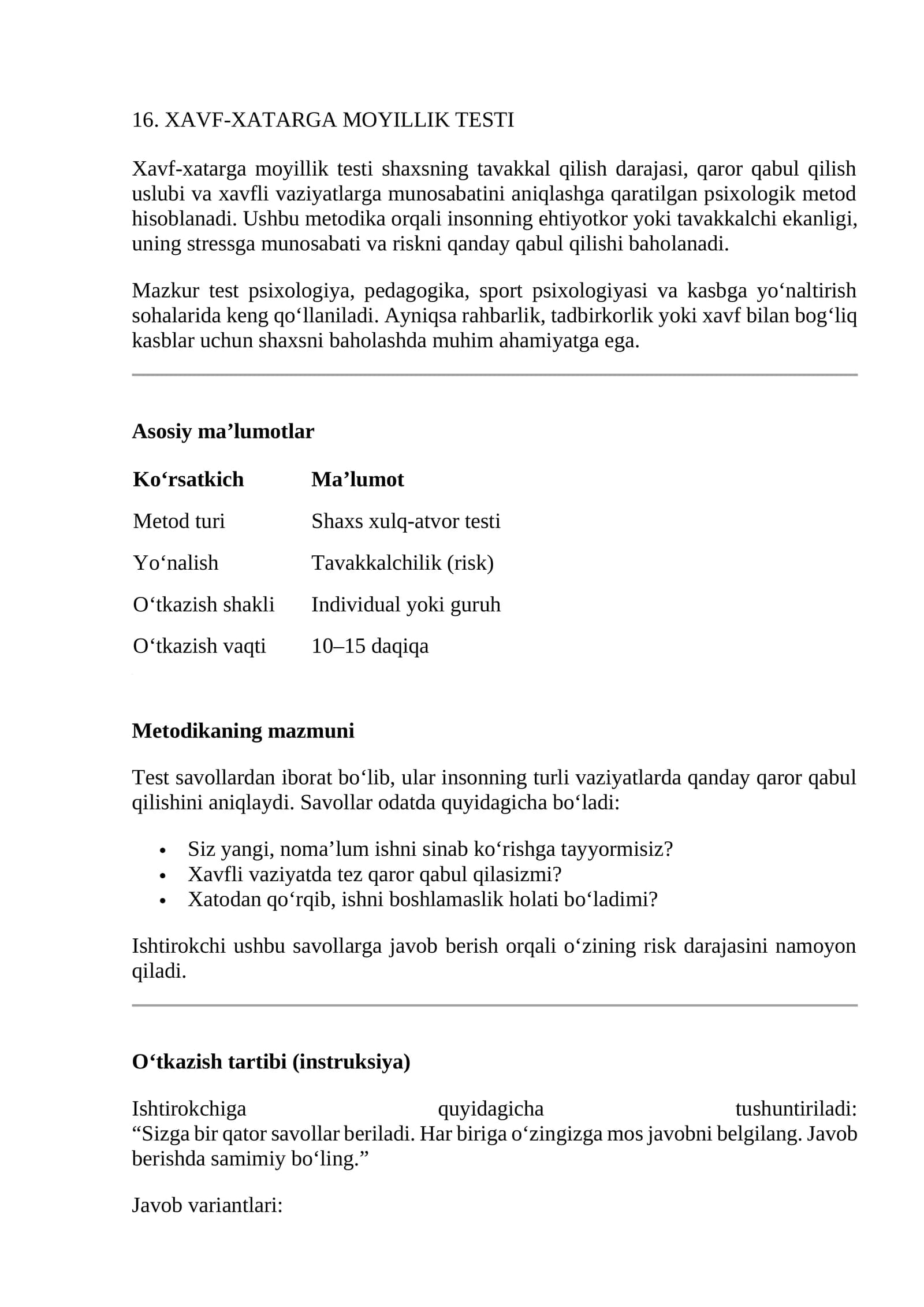 XAVF-XATARGA MOYILLIK TESTI