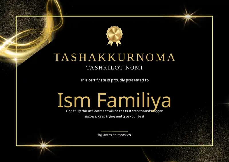 Tashakkurnoma shablon tayyori andoza