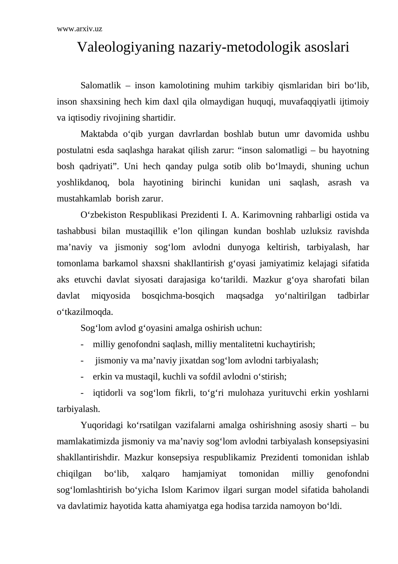 Valeologiyaning nazariy-metodologik asoslari