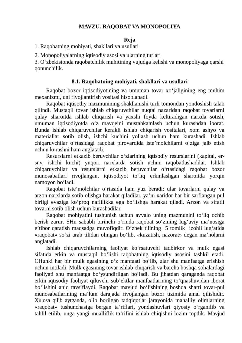 Raqobat va Monopoliya