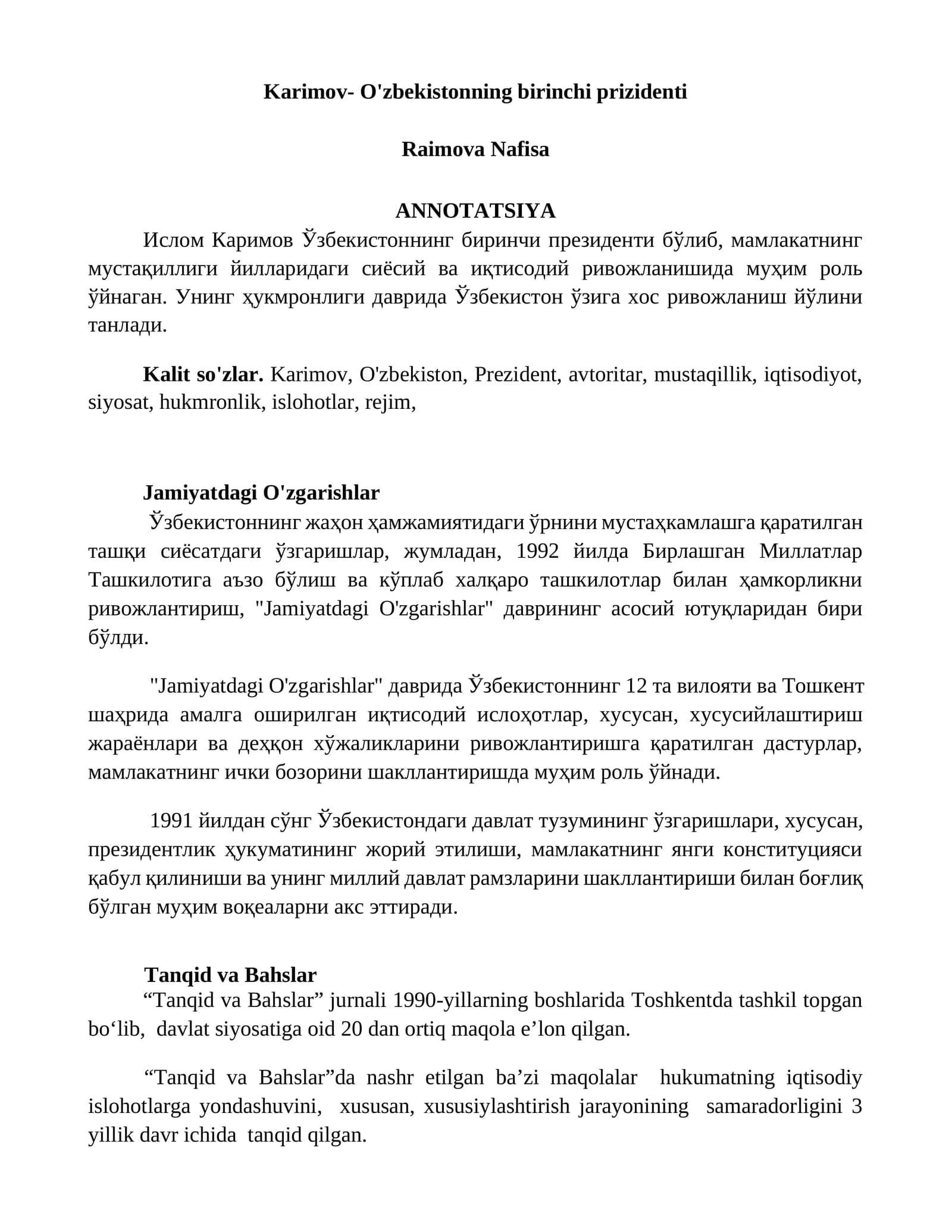Ислом Каримов Ўзбекистоннинг биринчи президенти