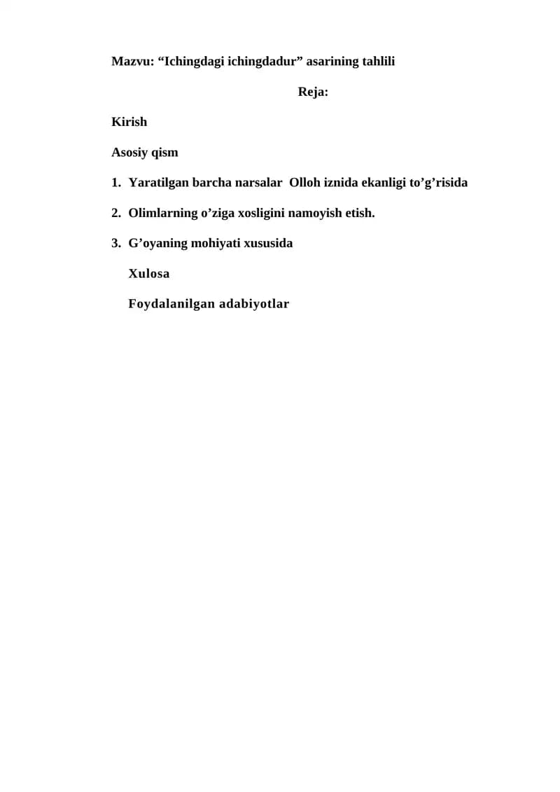 “Ichingdagi ichingdadur” asarining tahlili