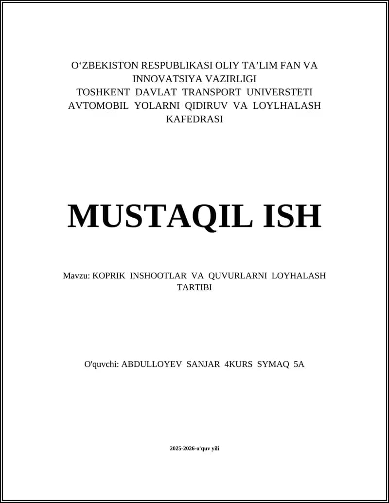 Ko'prik Inshootlar va Quvurlarni Loyihalash Tartibi