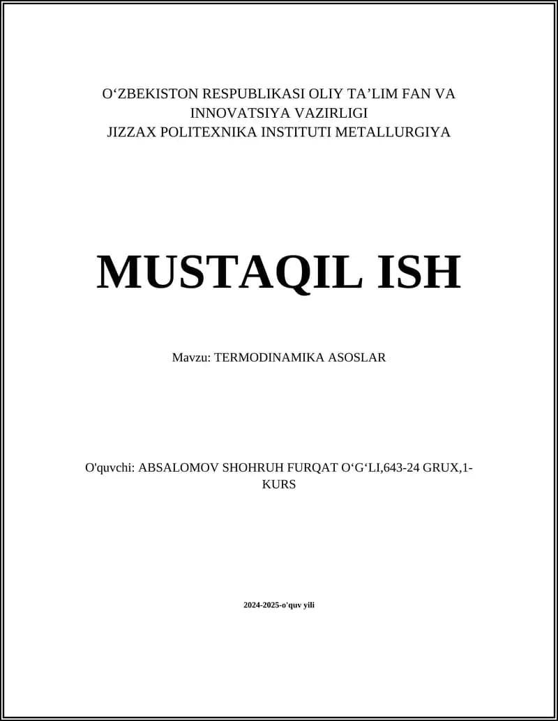 TERMODINAMIKA ASOSLAR