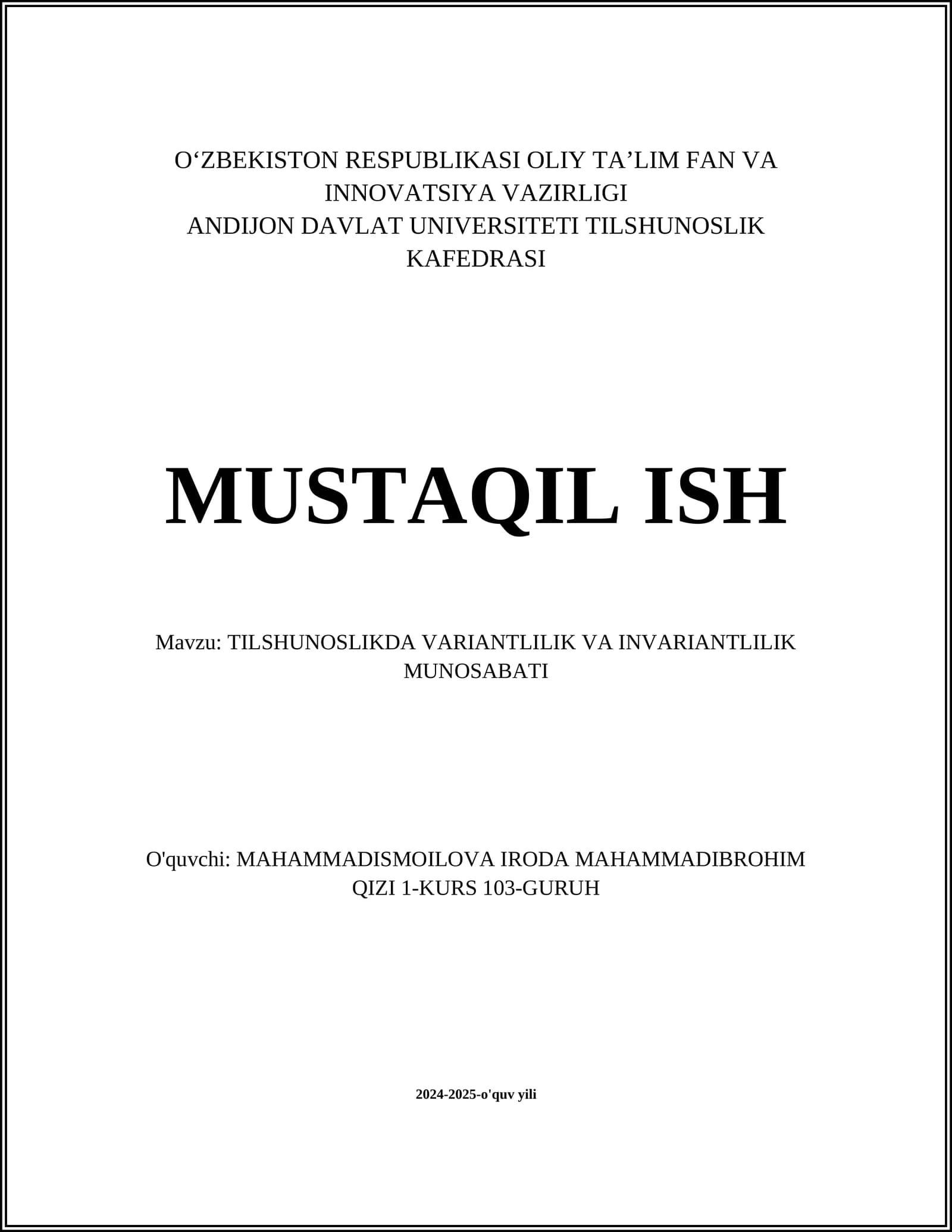 TILSHUNOSLIKDA VARIANTLILIK VA INVARIANTLILIK MUNOSABATI