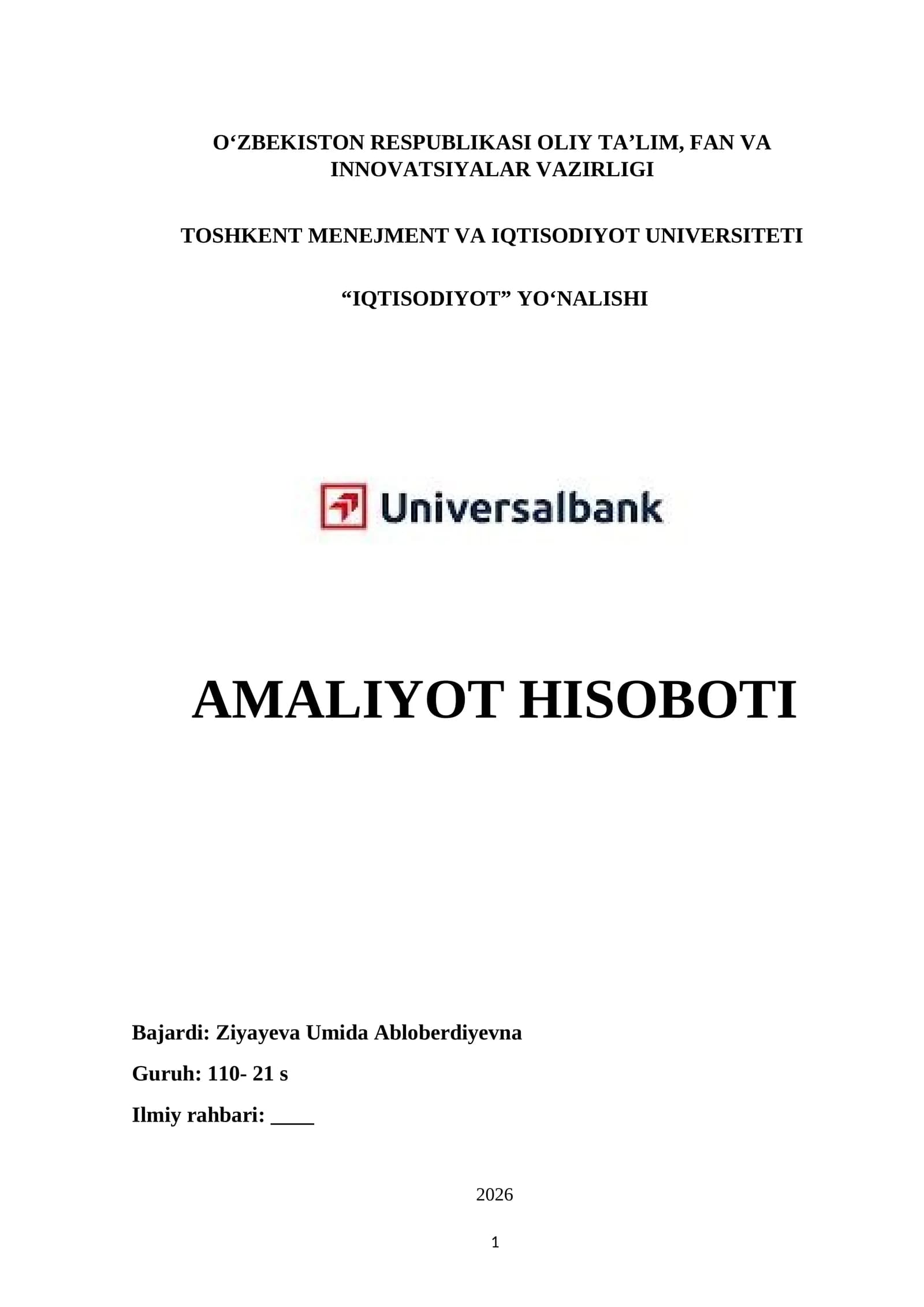 UNIVERSAL BANK. AMALIYOT HISOBOTI