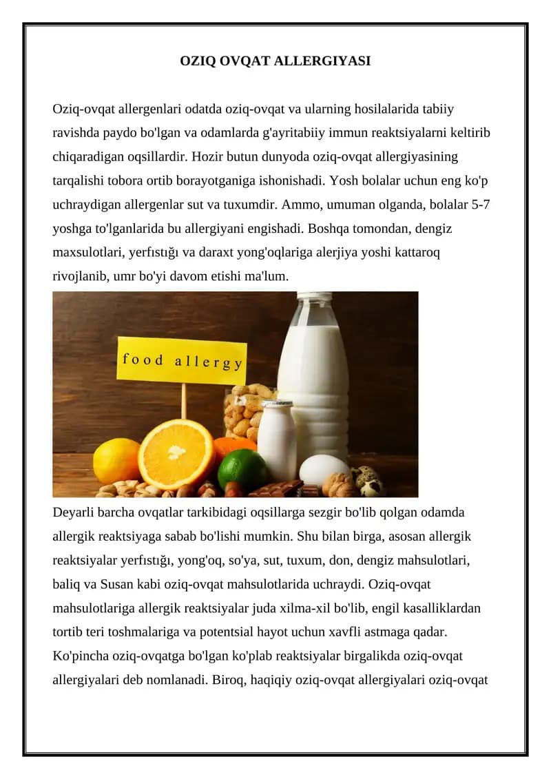 OZIQ OVQAT ALLERGIYASI