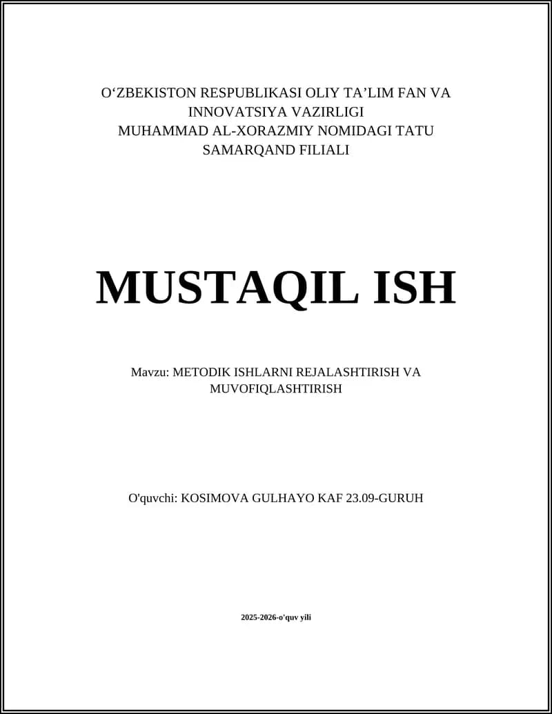 METODIK ISHLARNI REJALASHTIRISH VA MUVOFIQLASHTIRISH