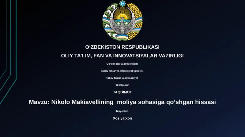 Nikolo Makiavellining moliya sohasiga qoʻshgan hissasi