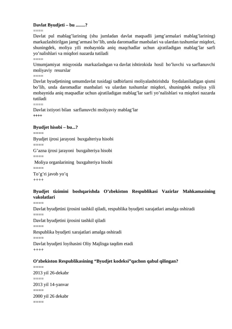 Byudjet hisobi fanidan testlar Yakuniy